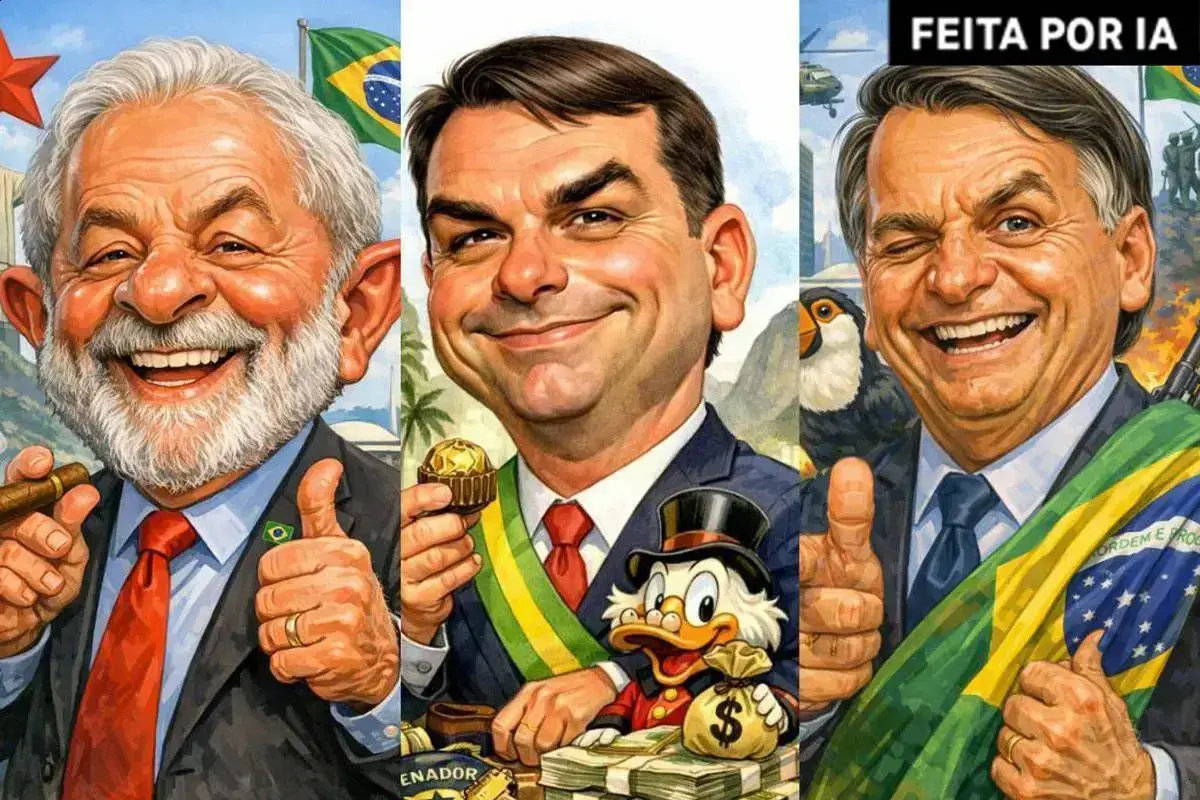 IA gera caricaturas associando Lula, Bolsonaro e Flávio a estereótipos polêmicos
