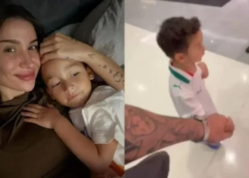 Cris, filho de Bianca Andrade, se diverte ao ver mãe em vitrine